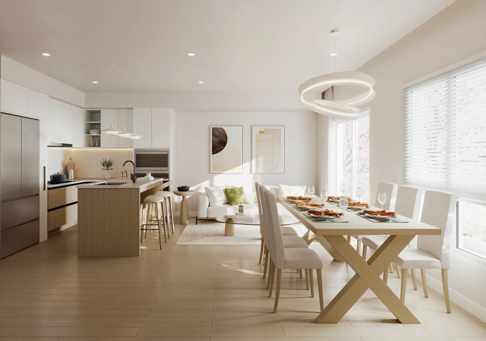 Open-concept kitchen and living area in a Kamilia home